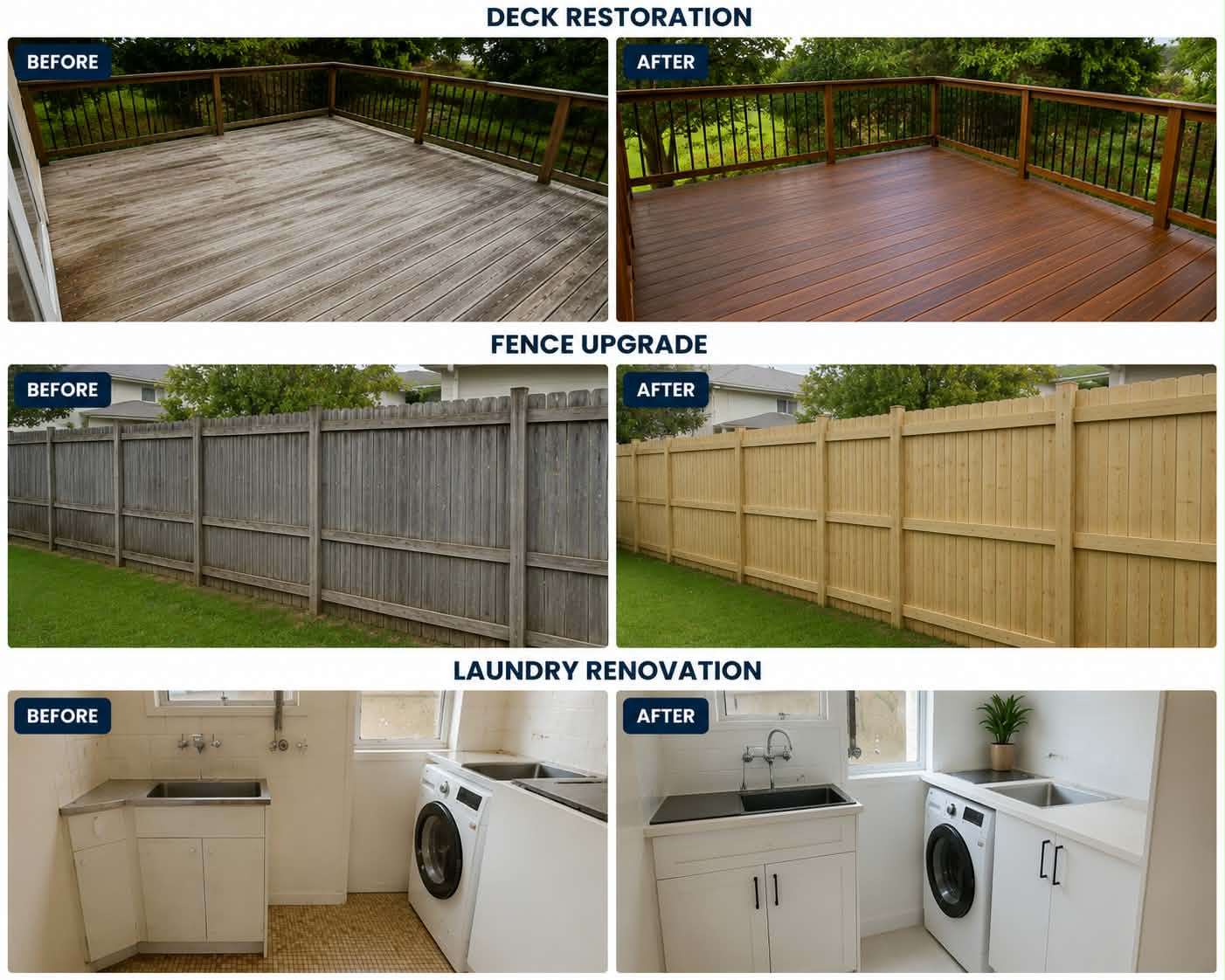 Before and after: deck restoration, fence upgrade and laundry renovation